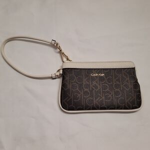 Calvin Klein CK Monogram Wristlet Zip Pouch Brown & Cream